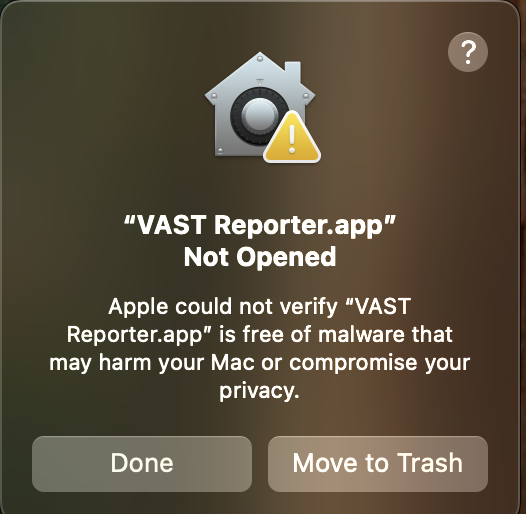 Step — Gatekeeper 'Not Opened' warning dialog, click Done