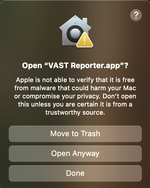 Step — Confirmation dialog with Open Anyway button