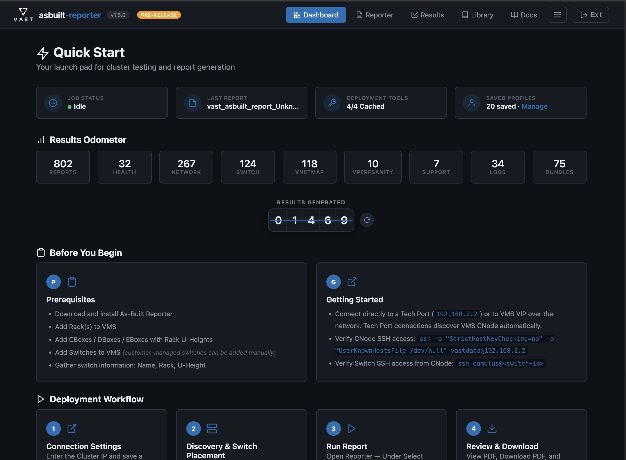 Dashboard — Quick Start tiles, Results Odometer, and workflow cards