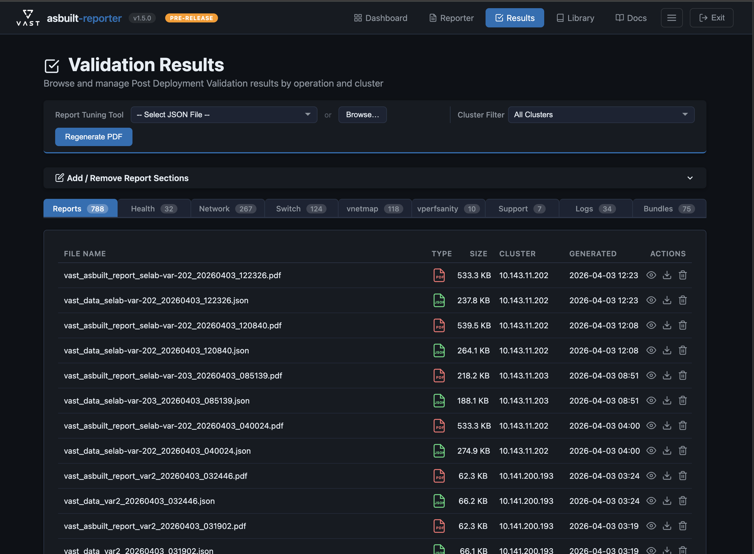 Validation Results — Tabbed view of reports, health checks, and bundles